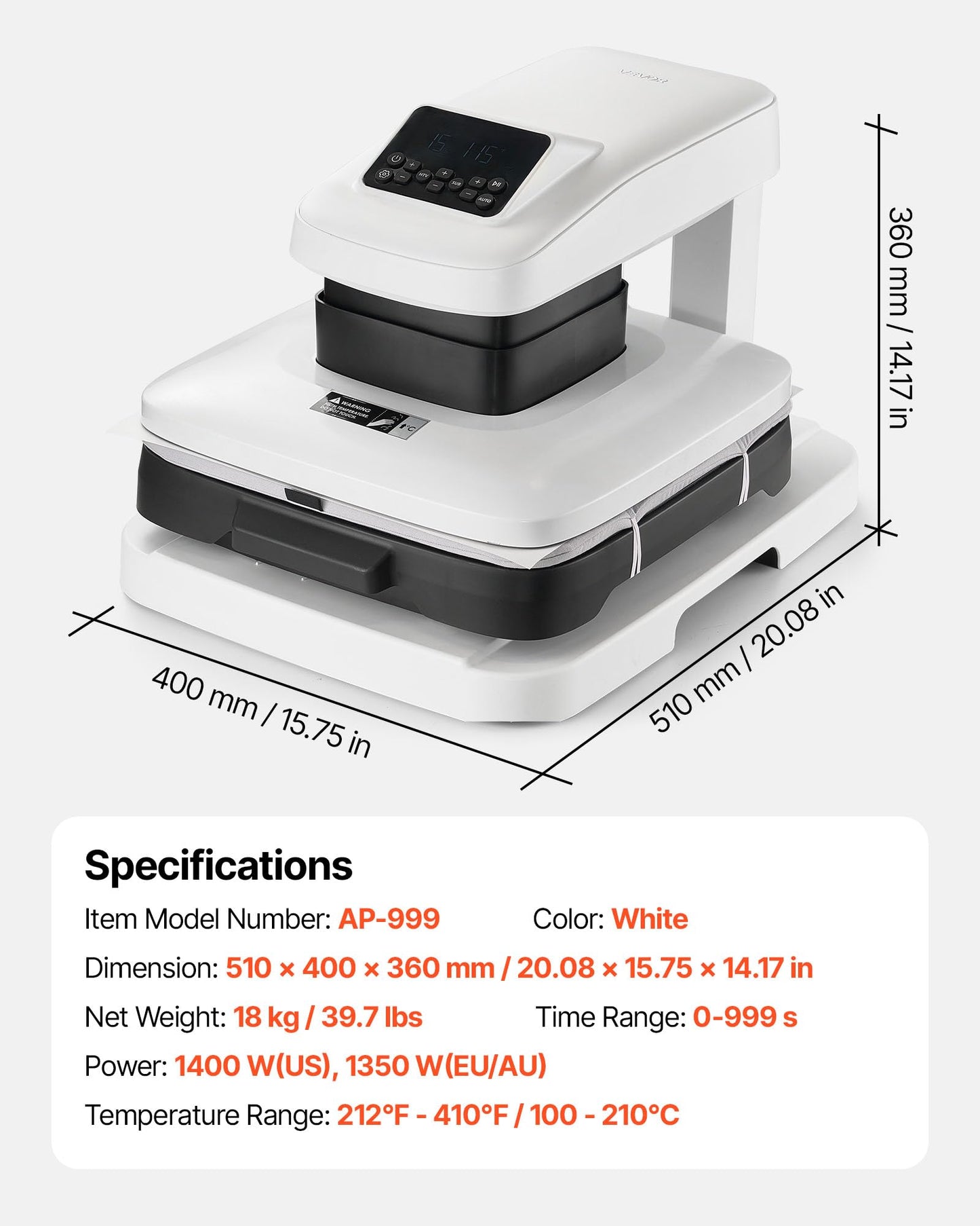 VEVOR Auto Heat Press Machine, 15 x 15 inch, T-Shirt Press Machine with Auto Release and Adjustable Pressure, Digital Display, Rapid Heating, for Sublimation, Vinyl, Heat Transfer Projects, White
