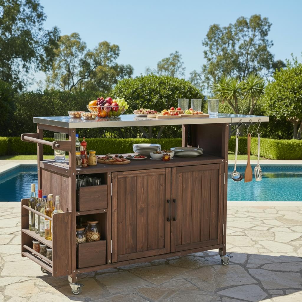 MEETFAV 54" Grill Cart with Stainless Steel Top, Spice Rack, Towel Rack, Lockable Wheels, Multi-Functional Outdoor Kitchen Island with Storage for BBQ, Patio & Kitchen, Brown