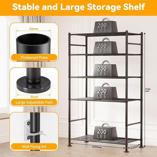 BolDuck 5-Tier Metal Shelf Organizer - Adjustable Space-Saving Storage Rack for Garage, Closet, Kitchen | 33.07”Wx12.6”Dx72.04”H, Black