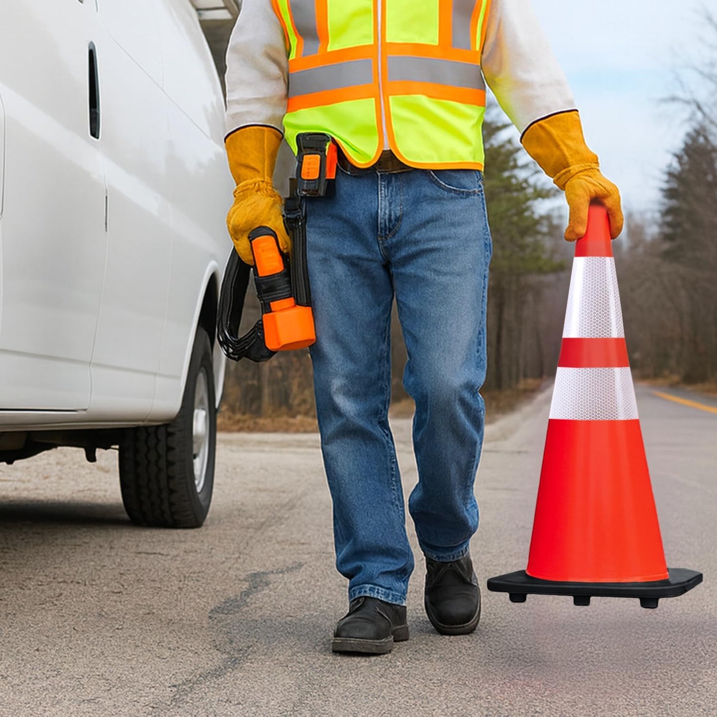 EconoHome Reflective Traffic Cones - 5.3 lbs Weighted Orange Safety Cones for Parking Lot, Traffic Control, Construction, Road Safety - Heavy Duty Square Base, Flexible PVC - 28-Inch Tall - 8-Pack