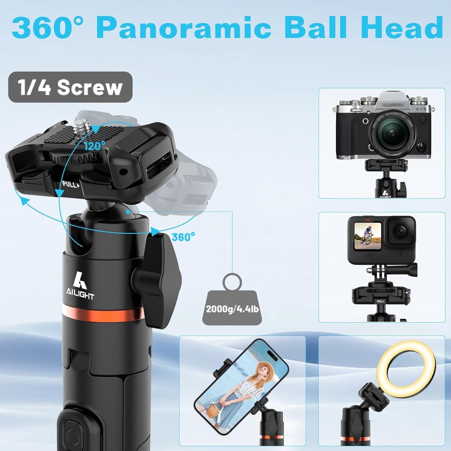 ailight 60" 360 Extendable Travel Tripod & Selfie Stick with Cold Shoe & Wireless Remote, Ball Head for Vlogging