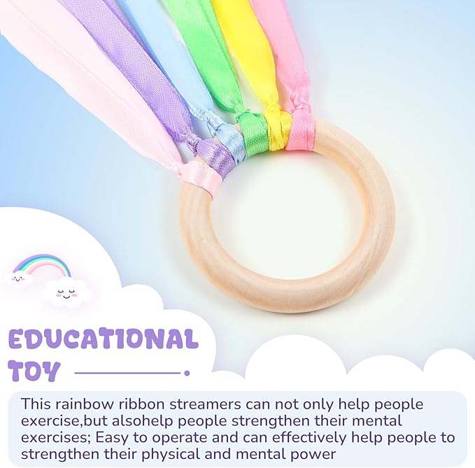 Deekin 12 Pcs Rainbow Ribbon Wooden Waldorf Toys Creative Waldorf Hand Kite Set Streamers with Wood Ring Sensory Learning Educational Toy for Playroom Dancing Birthday(Cute Color)
