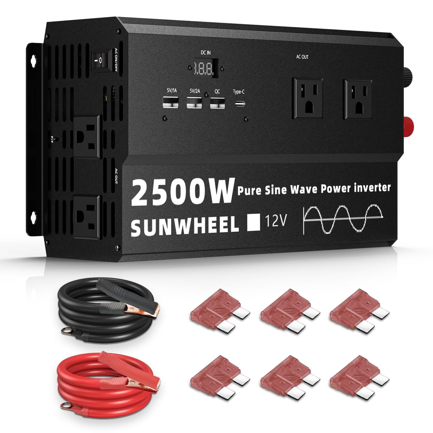 SUNWHEEL 2500W Pure Sine Wave Inverter, 12V DC to 110V/120V AC Power Inverter for RV、Off Grid、Refrigerator with 4 AC outlets and LCD Display