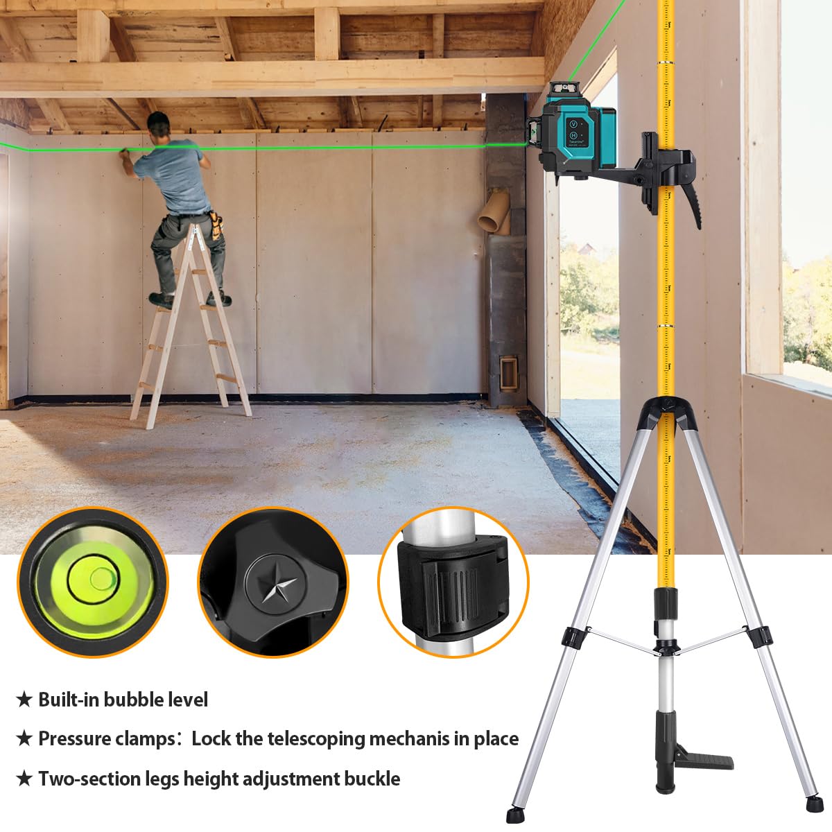 Takamine 16 Lines Green Laser Level Pro with Adjustable Telescoping Pole and an Extra Li-Ion Battery.