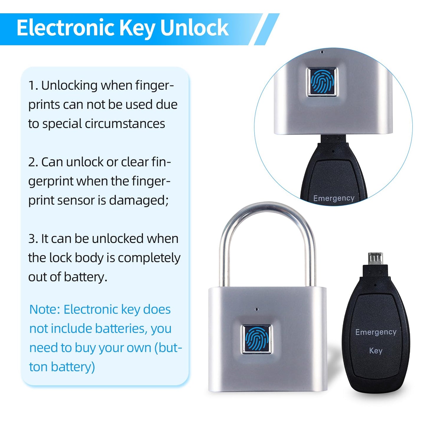 KENRONE Fingerprint Padlock with Emergency Key, IP66 Waterproof and Rustproof, Outdoor Indoor Universal Smart Lock for Warehouses, Gym, Schools, Homes, Office Cabinets(Sliver-Plus)