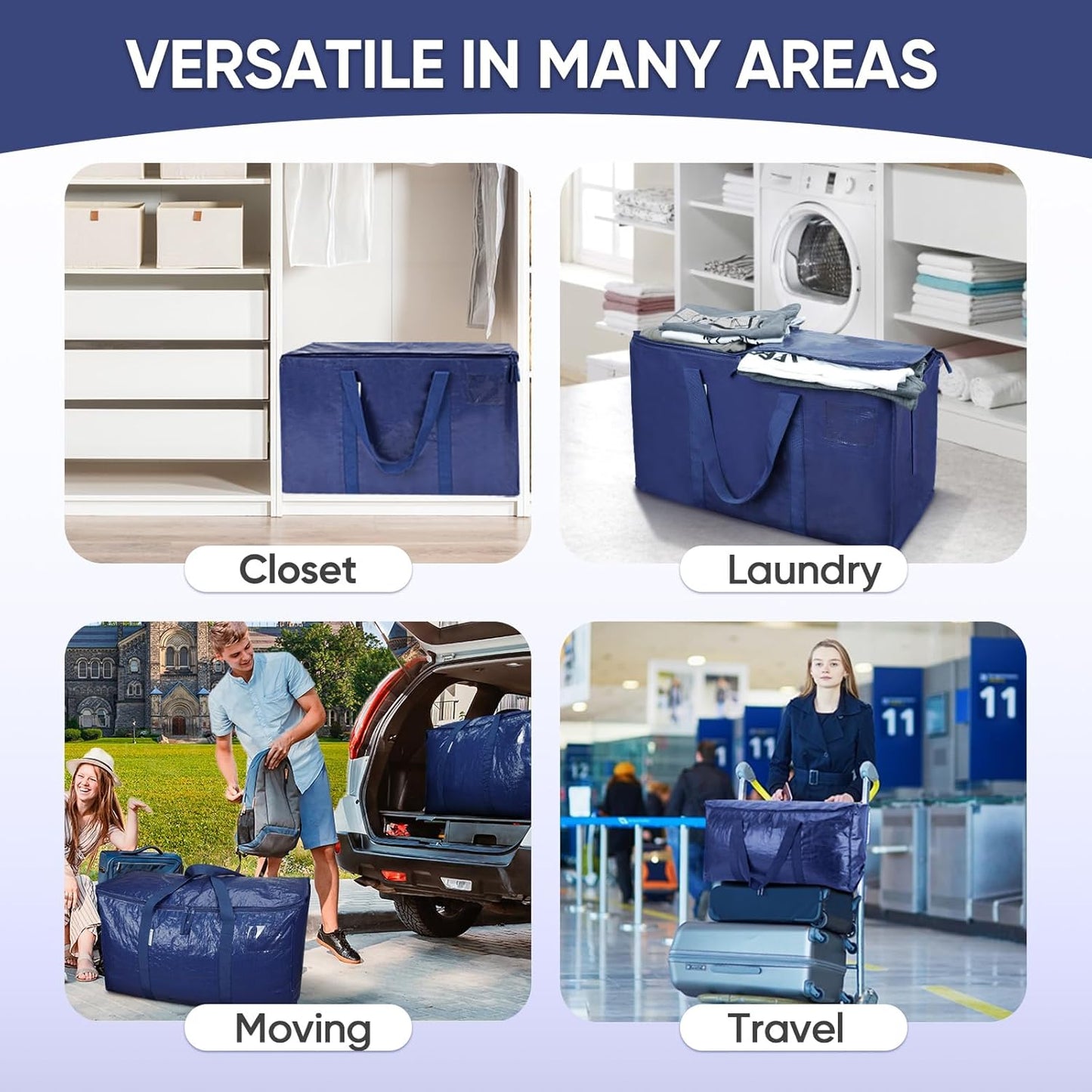 TICONN Extra Large Heavy-Duty Moving Bags - Durable Storage with Zippers & Handles | 4 Pack, Navy