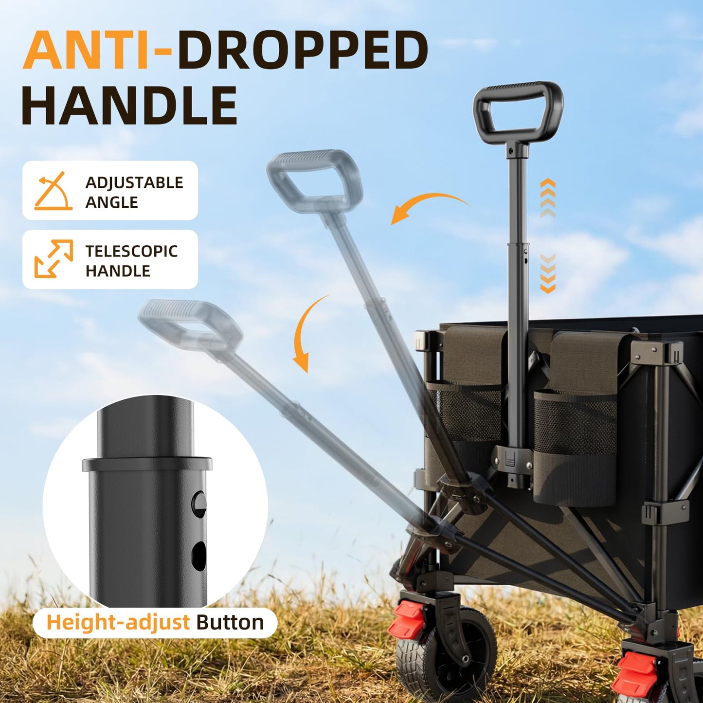 Strolking 220L Collapsible Wagon Cart, 39" L Extended Frame and 440Lbs Heavy Duty, Lightweight 15lbs Folding Garden Cart with Silent All-Terrain Wheels for Beach, Camping Grass and Grocery, Black
