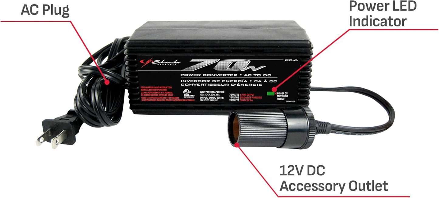 Schumacher Electric PC-6, 70 140 12 AC to DC Power Converter, Continuous Watts, Peak Watts, Volt DC Accessory Port