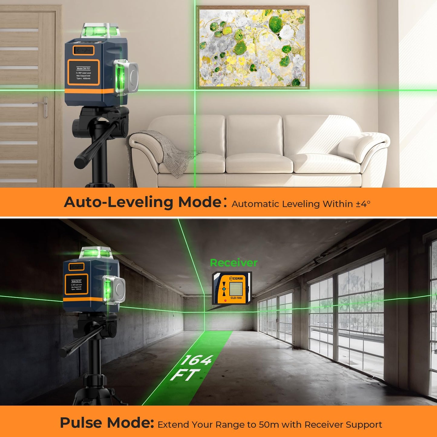 CIGMAN 3D Laser Level with Tripod,Remote Control,Compact Design,4000mAh Battery,Rotary Base,3x360°Self-Leveling Green Laser Leveler for Picture Hanging and DIY Projects