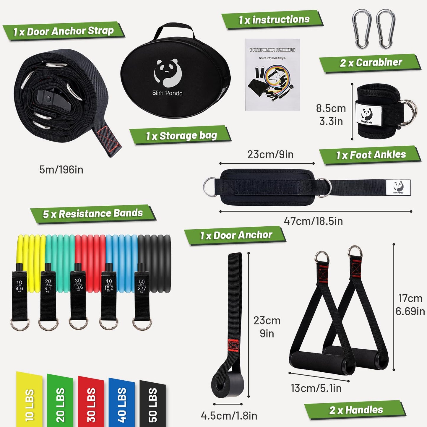Slim Panda 11-Piece Door Anchor Strap for Resistance Bands - Complete Resistance Band Door Anchor System with 5 Stackable Bands - Home Gym for Full Body Strength Training - Fits up to 8FT