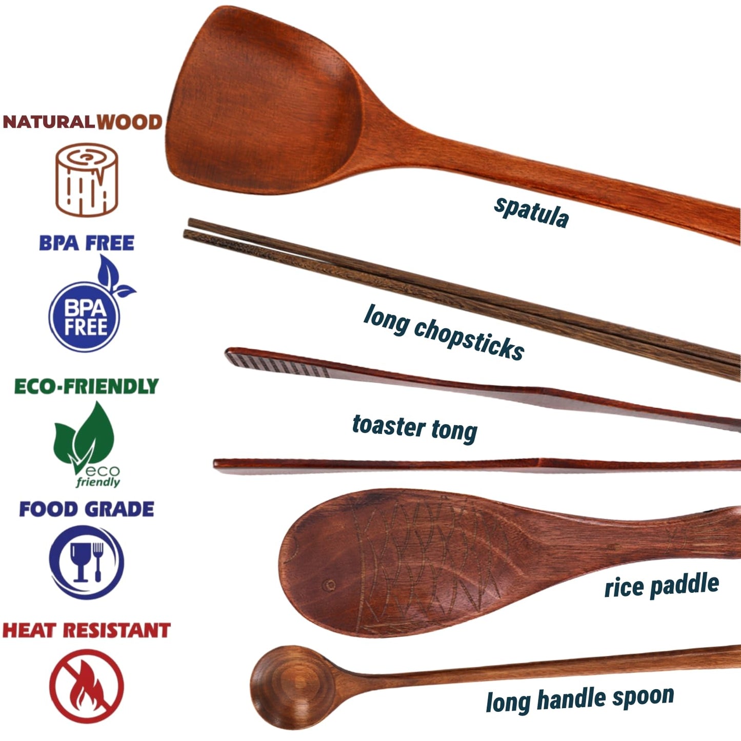 ZOOFOX 6 Pieces Wood Utensils Set, Nonstick Wood Kitchen Utensils with Japanese Style, Wooden Long Chopsticks, Spatula, Toaster Tong, Long Handle Spoon and Fish-shaped Rice Spoon for Cooking