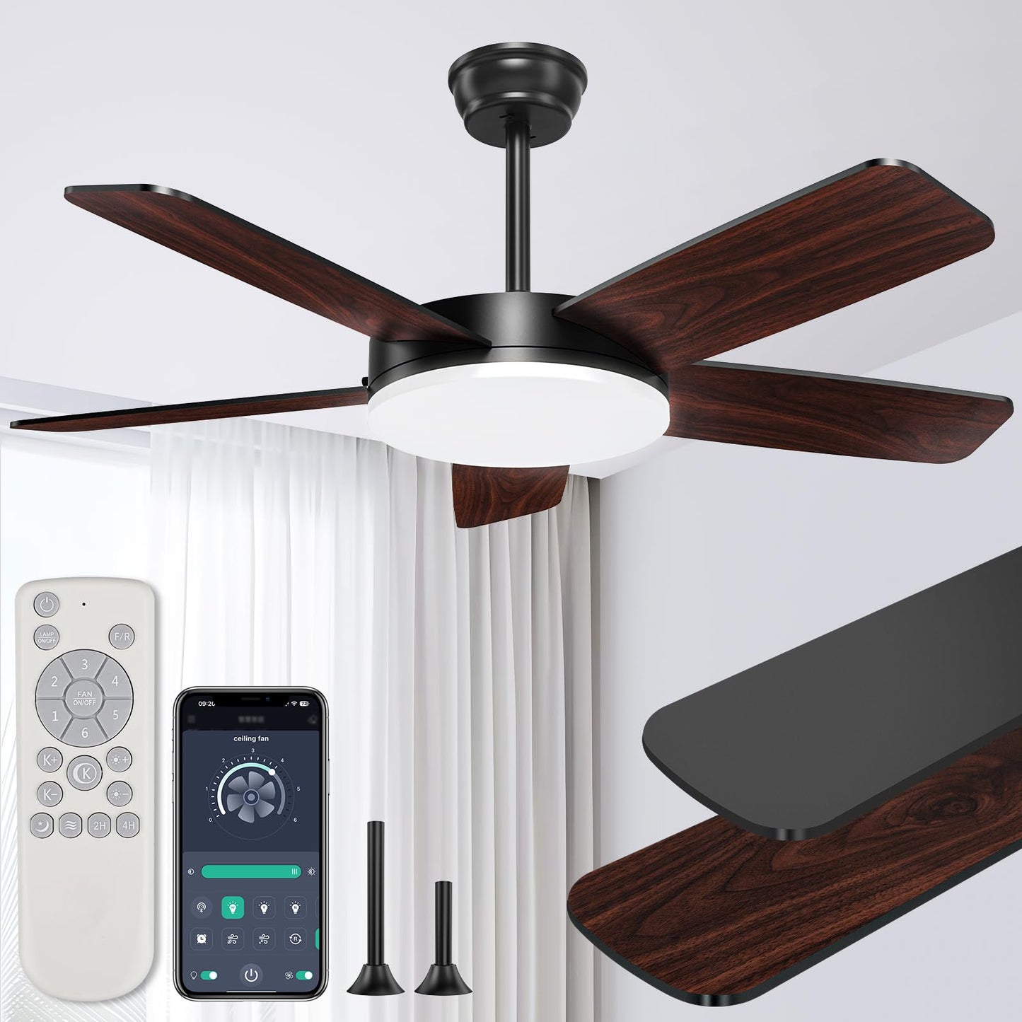 ropelux 45-Inch Ceiling Fans with Lights: Powerful Wind, Ultra-Quiet, High Bright&Screw-Free for Blade Installation, Dimmable, Forward&Reversible Fan with Remote APP Control for Bedroom/Living Room.