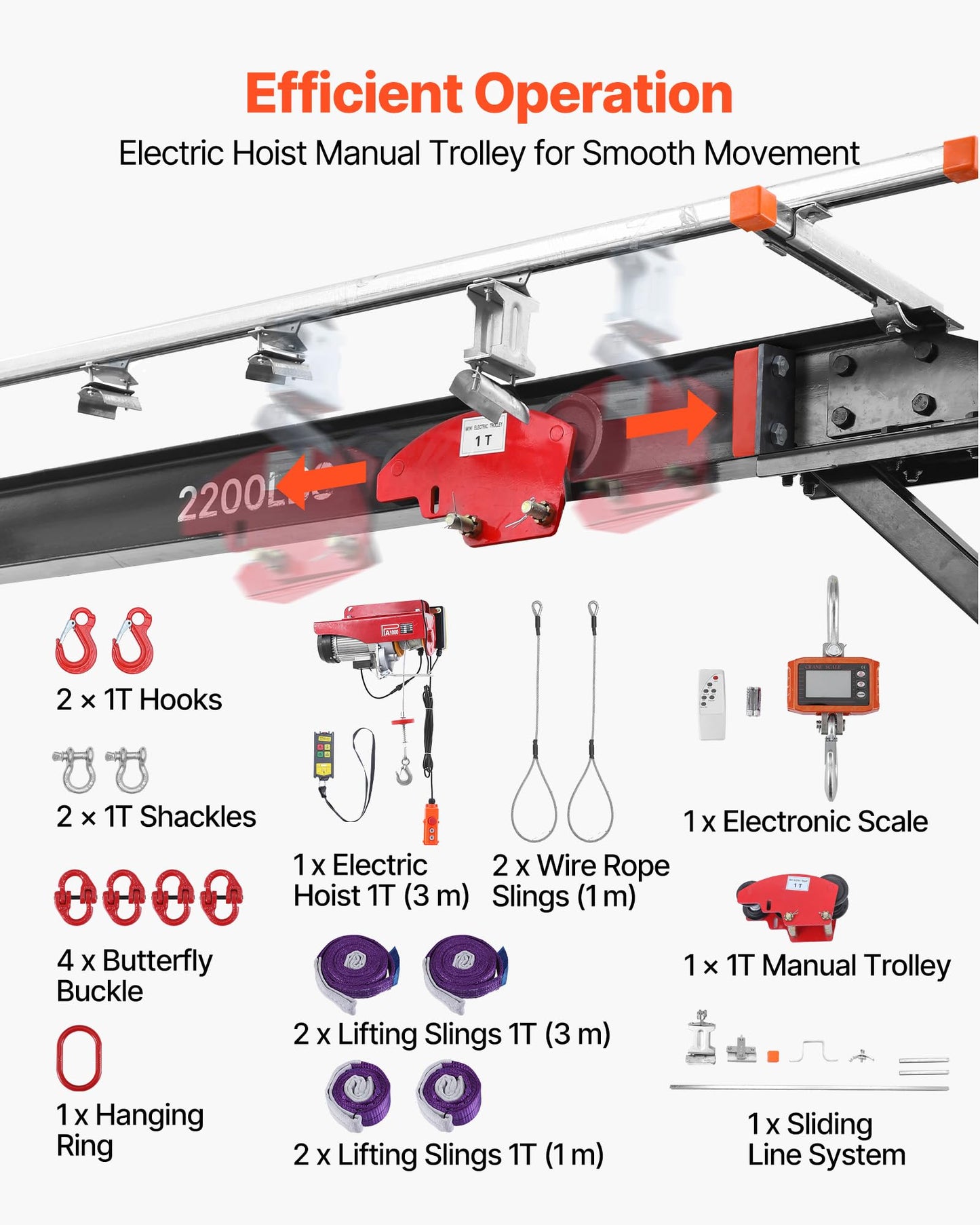 VEVOR Adjustable Gantry Crane, 2200 lbs Capacity, Portable Shop Lift Hoist with 95.7-142.9 in Height Adjustable, Manual Trolley, Electrical Hoist, Sling, Shackles, for Factory Warehouse Auto Repair