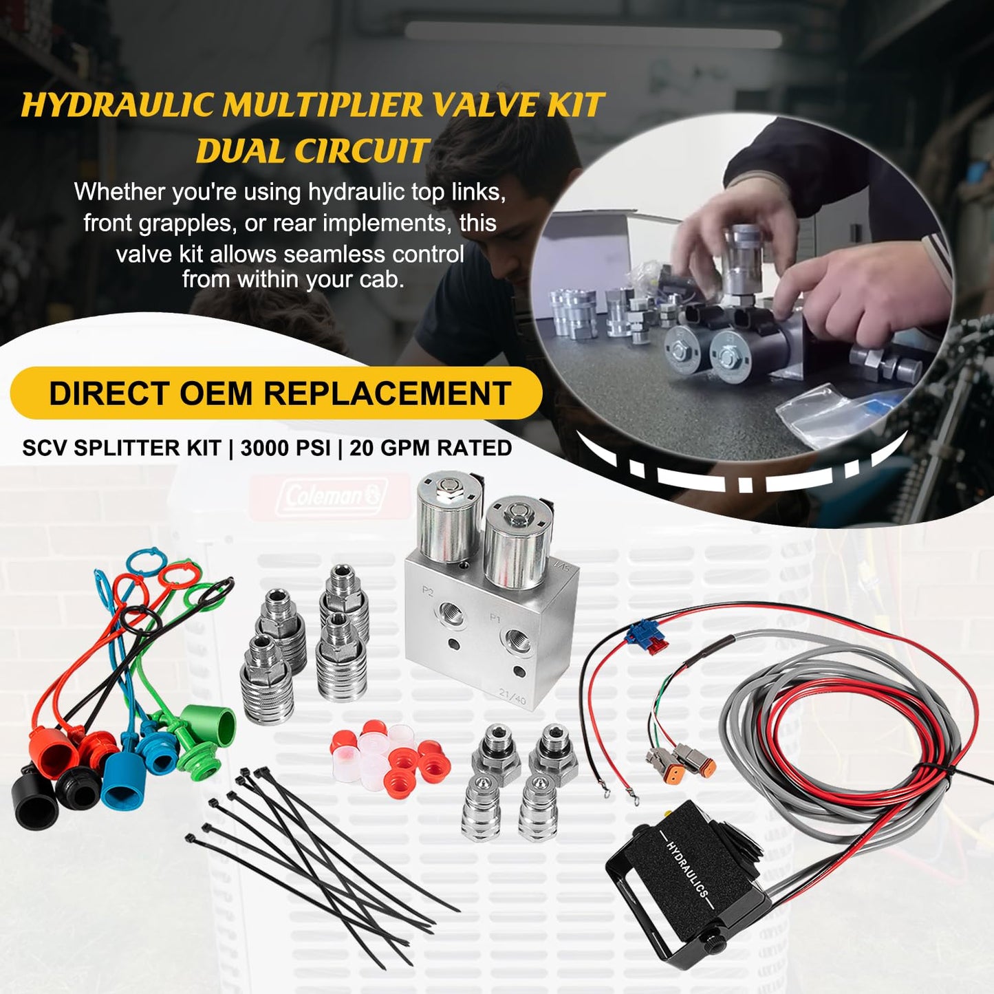 Hydraulic Multiplier Valve Kit | 2-Circuit SCV Splitter Diverter Manifold with Rocker Switch, Quick-Connect Couplers & Fittings 20 GPM, 3000 PSI