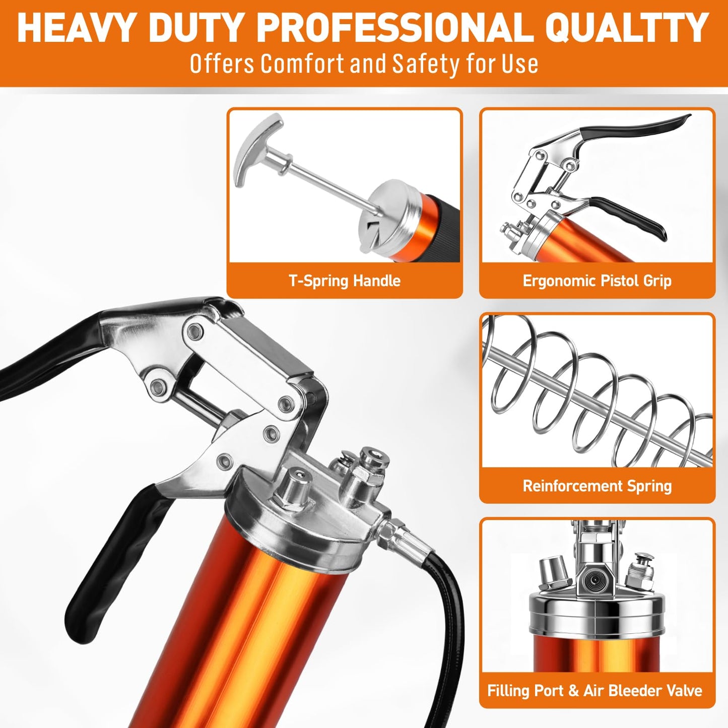 18-Piece 8000PSI Heavy Duty Grease Gun Kit with 14oz Grease, 2x11" Hoses, Flex Hose, Extension Pipes, Lock Coupler, Injector, Sharp Nozzle for Vehicle, Farm, Workshop, Marine, Easy Operation Tool