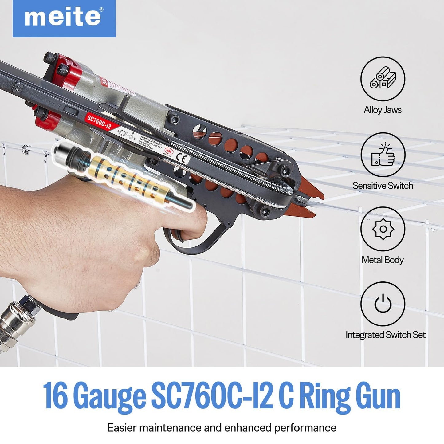 meite SC760C-I2 Pneumatic Hog Ring Gun, 16 Gauge 1/2" Crown Hog Ring Pliers, 2.6-3.6 mm Closure, Upgrade Trigger Air C Ring Stapler for Fencing, Upholstery, Pet Cages, and Bag Closing