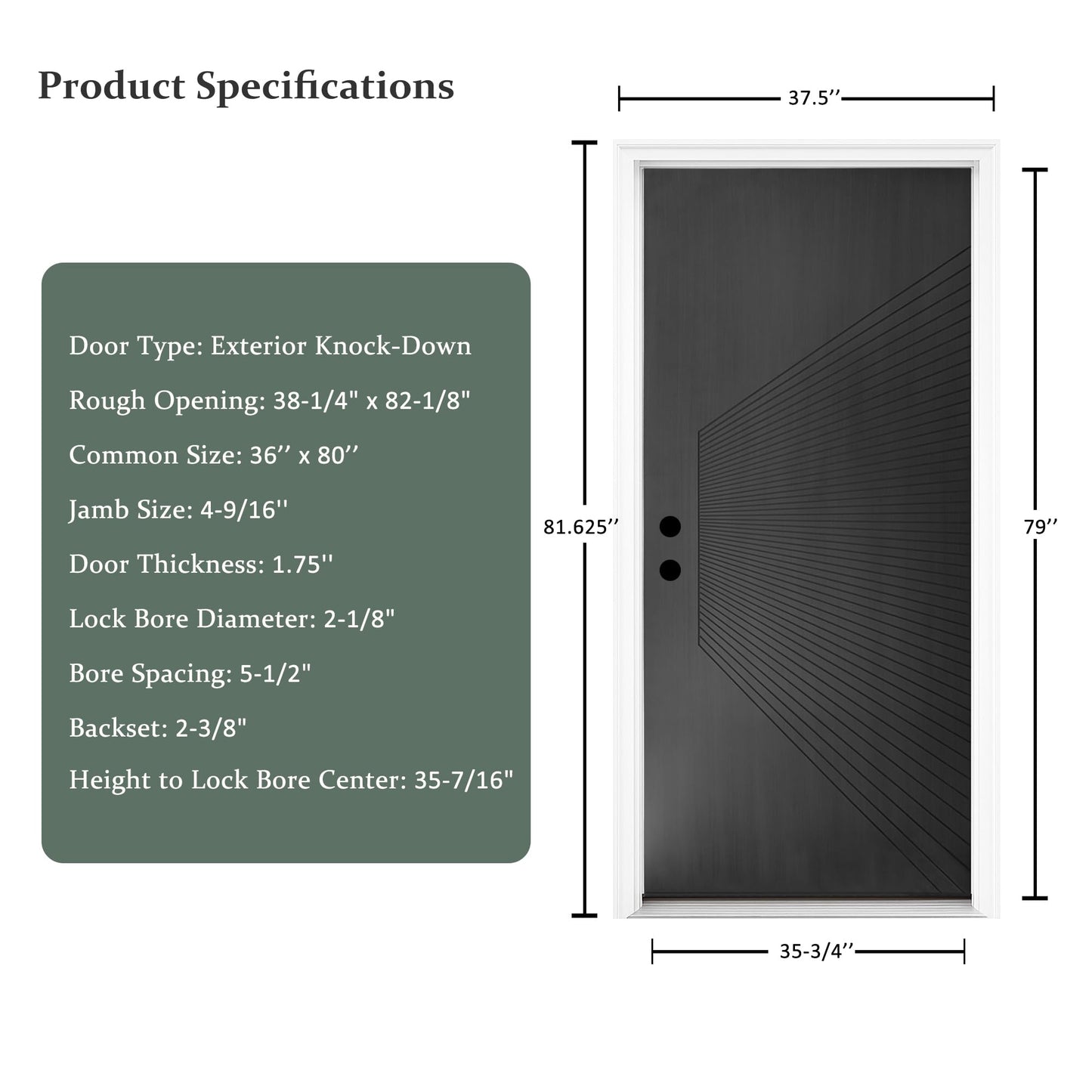 Exterior Fiberglass Door 36x80in Onyx Black, Metallic Look with Radiating Groove Design Front Entry Door Right-Hand Inswing, Textured Surface Knock-Down Door with Brickmould, Vinyl Frame
