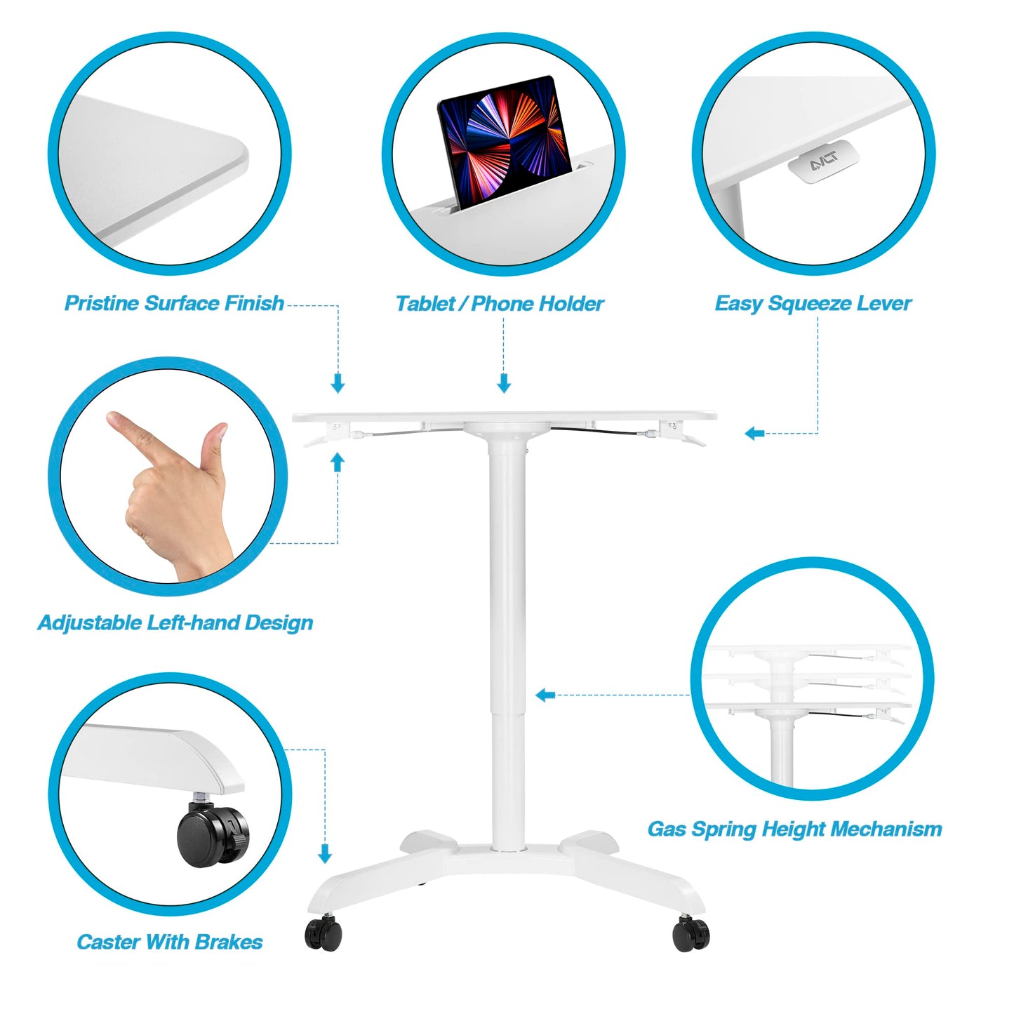 AVLT 44-inch Ambidextrous Pneumatic Laptop Standing Desk Cart (3 ft 8 in), Mobile Rolling Desk with Adjustable Height, Folding Computer & Projector Cart, White Cart with Brakes