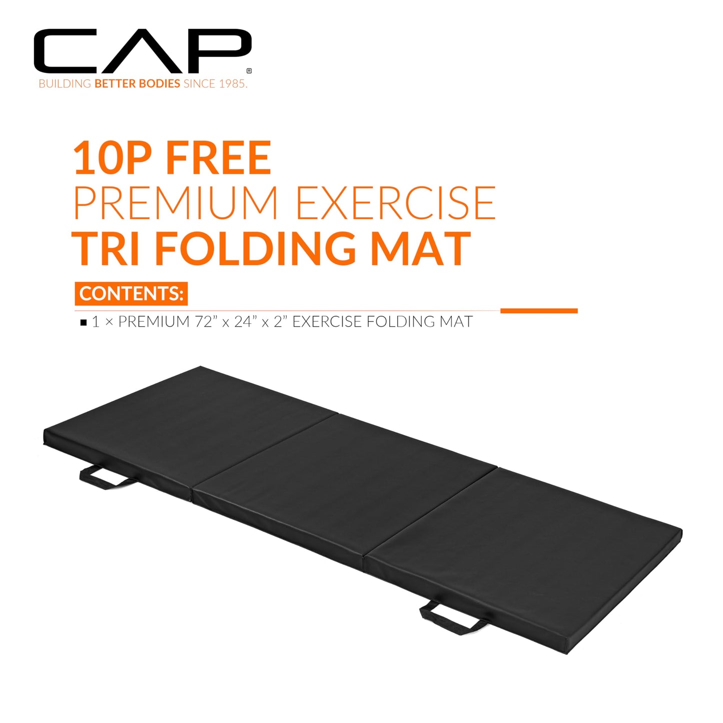 CAP Barbell Folding Exercise Mat – Durable, Anti-Tear, Thick Padding for Fitness, Aerobics, Gymnastics & Home Workouts. 72"L x 24"W x 2"Thick. BLACK