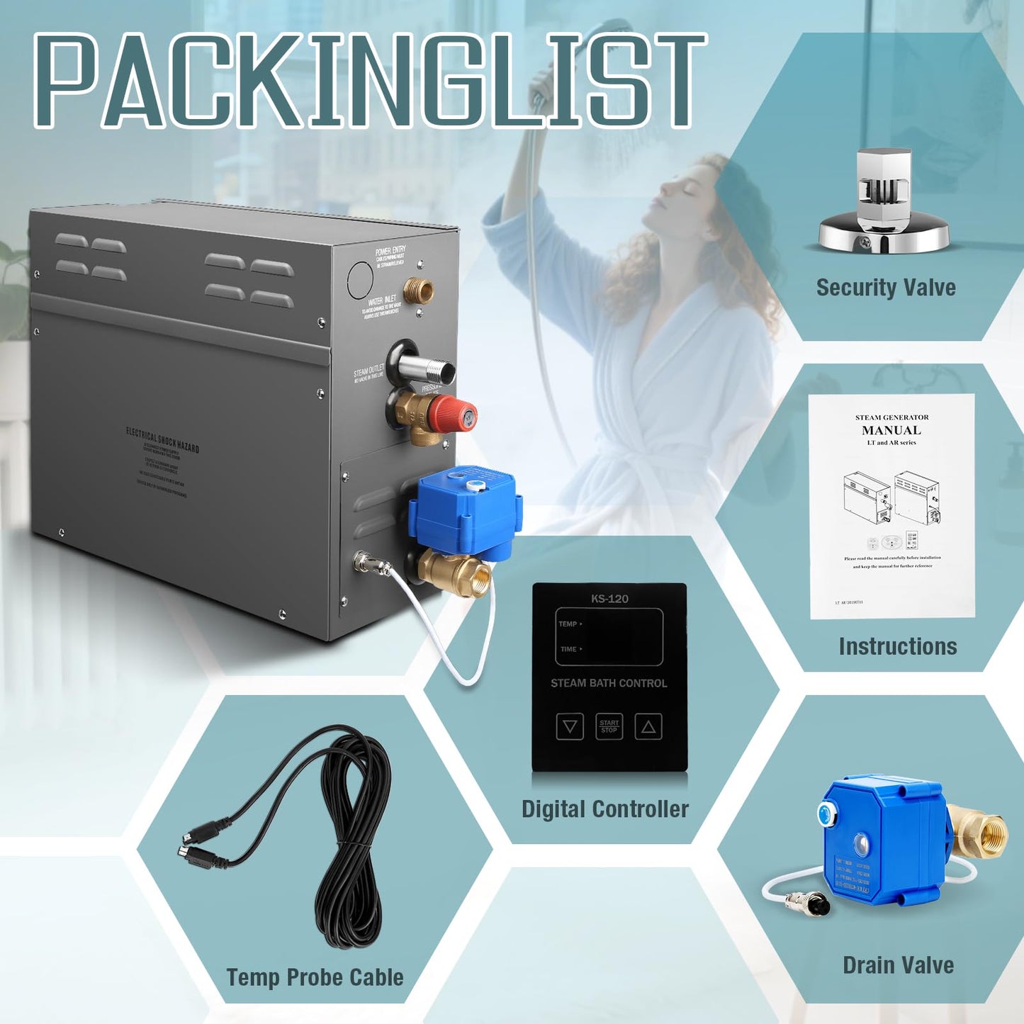 12KW Steam Generator-Quick start continuous steam，with Black digital control panel Self-Draining System, 95-131°F Temp Control,Can be used for heating a space area of 12m ³/460Cu.ft.(12KW 220V)