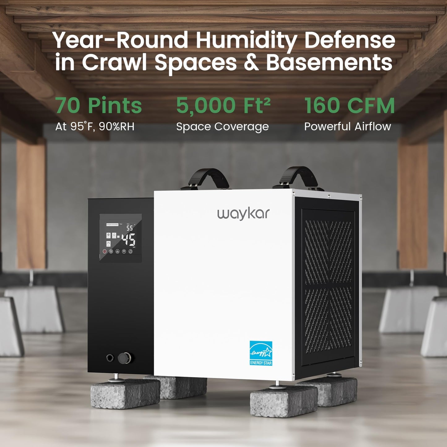 Waykar 70 Pint Energy Star Crawl Space Dehumidifier with Drain Hose for Basements, Commercial & Water Damage Spaces up to 5000 Sq. Ft., Compact, Strong Dehumidification, 5-Year Quality Coverage