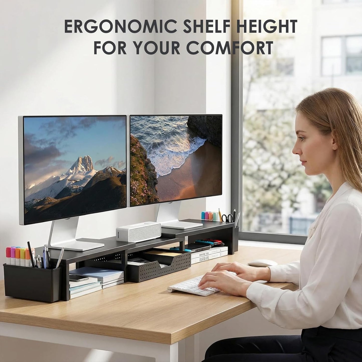 2 OPNICE Desk Organizers and Accessories, Dual Monitor Stand Riser with Drawer and Pen Holders, Desk Shelf Metal