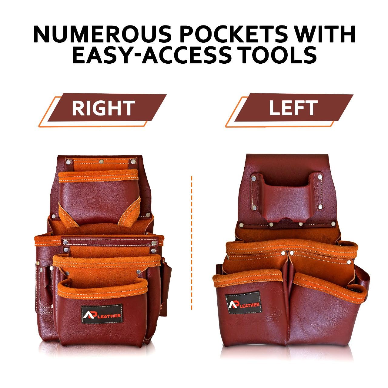 Leather PRO-19 100% Genuine Full Grain Leather Tool Belt/Pouch/Bag, Tool Belt with Suspenders, Comfort Back Support Tool Pouches with Suspenders for Construction,Framers, (Maroon)