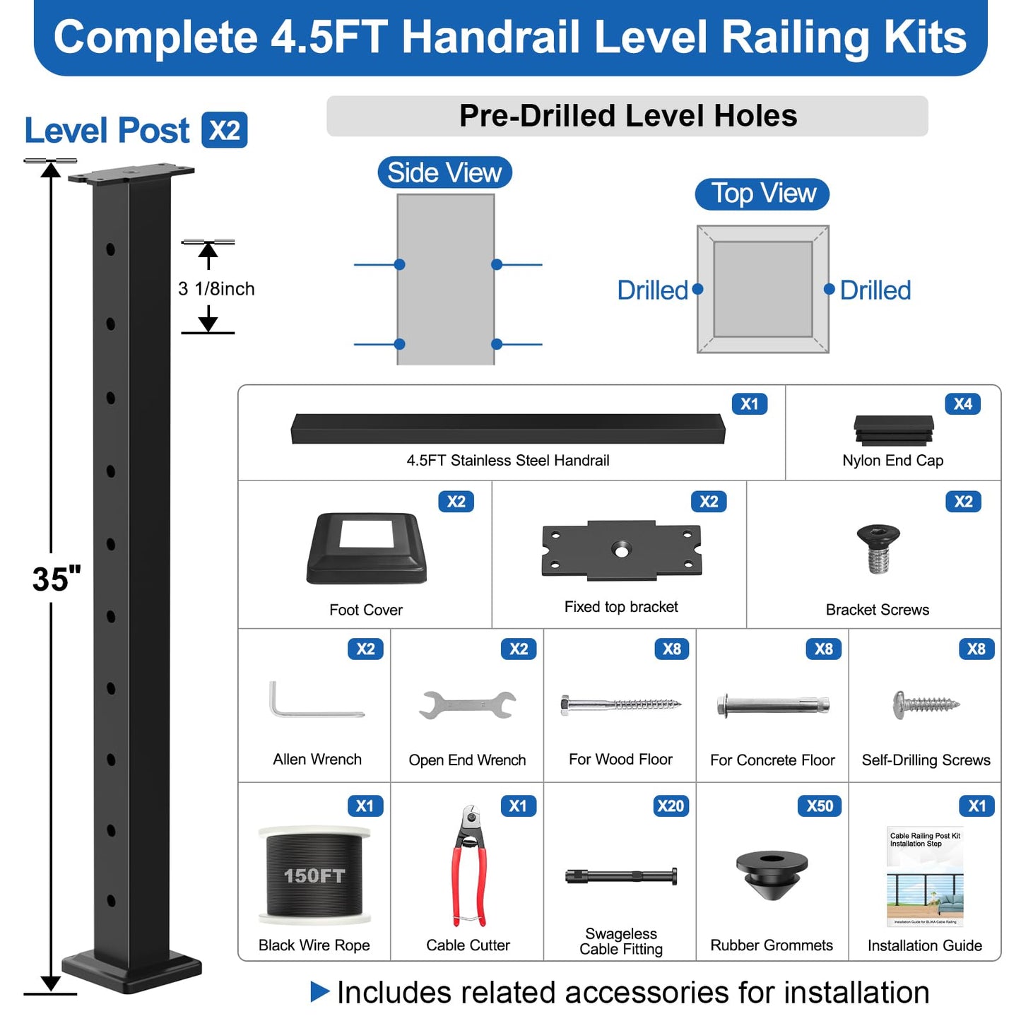 PLANTOP 4.5ft Complete Set 36" Cable Railing Post with Handrail Cuttable, 2 Pack Surface Mount Flact Top Level-Drilled Posts, 150ft 1/8" Wire Rope, Swageless Black Cable Railing System Kit, MY20-LP