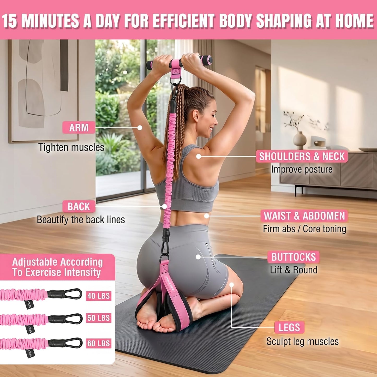 MEDETAYI Pedal Resistance Band 40/50/60 lbs with Handles and Ankle Cuffs, 3-Tube Adjustable Exercise Bands for Women’s Home Workout, Abs, Core, Arm, Leg and Hip Training