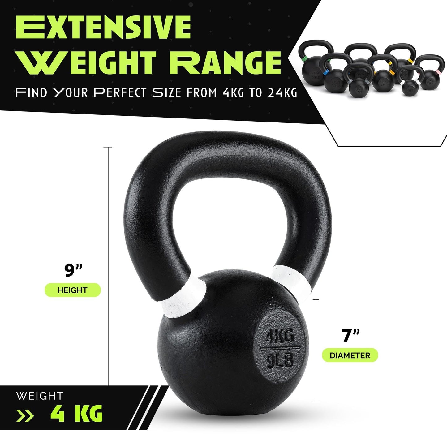 Rage Fitness 4 kg/8.8 lbs Kettlebells, Single-cast Iron, No-welded Joints, Wide Handle, Strength Training Kettlebells, Cast Iron Kettlebell Set, Powder Coated Kettlebell Weights For Maximum Durability, Men & Women