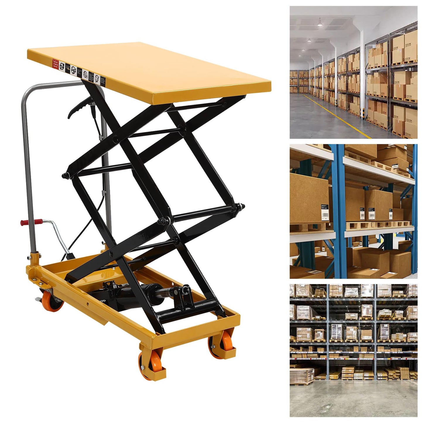 Hydraulic Lift Table Cart, 330lbs Capacity 45" Lifting Height, Double Scissor Lift Table w/ 4 Wheels and Foot Pump, Elevating Hydraulic Cart for Material Handling and Transportation, Yellow