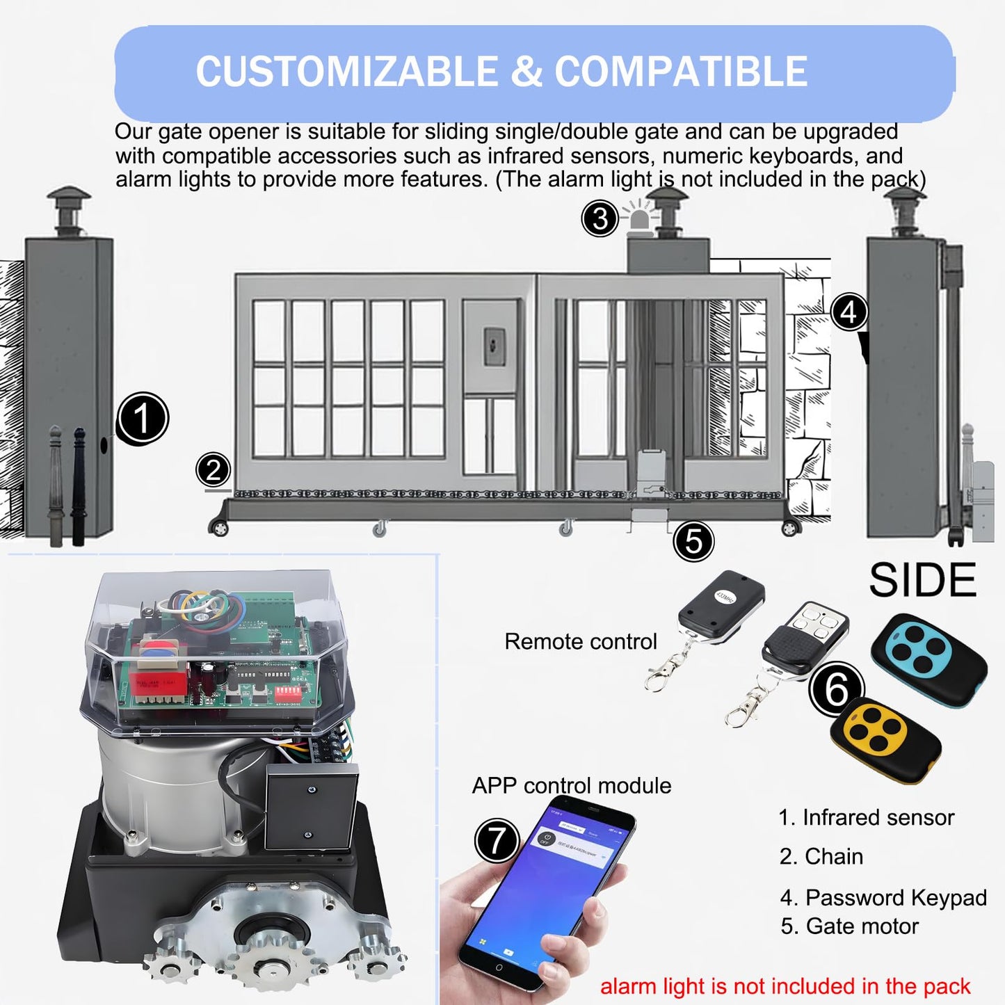 ASGO 3300lb Automatic Sliding Gate Opener APP Control with 6 Remote, Driveway Electric Slide Gates Operator Motor Complete Kit, 20ft Driven Chain/IR Secure Sensor/Keypad