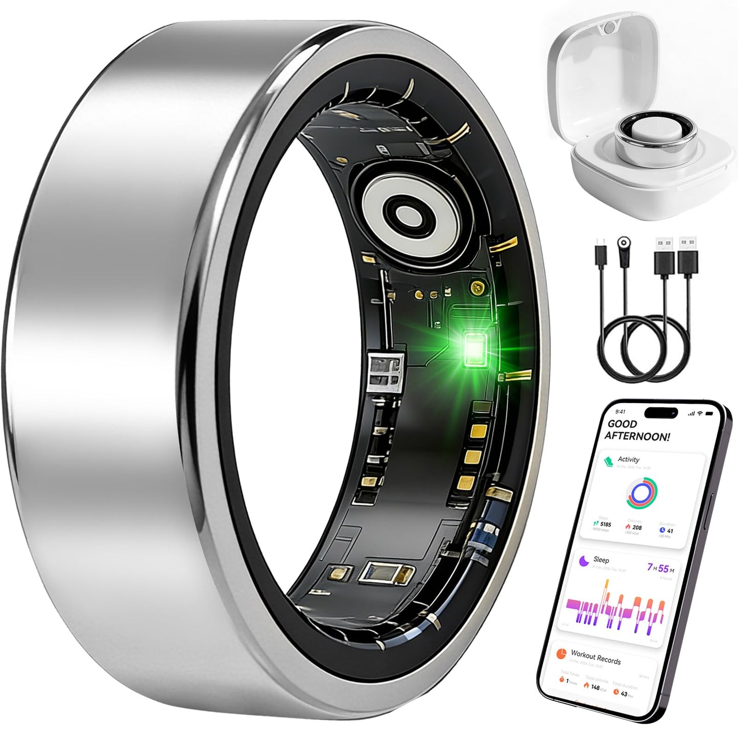 Smart Ring Fitness Tracker for Women and Men, Heart Rate Monitor, Sleep and Stress Monitoring, Menstrual Cycle Tracking, Step Counter, IP68 Waterproof, No Subscription, Compatible with iOS and Android