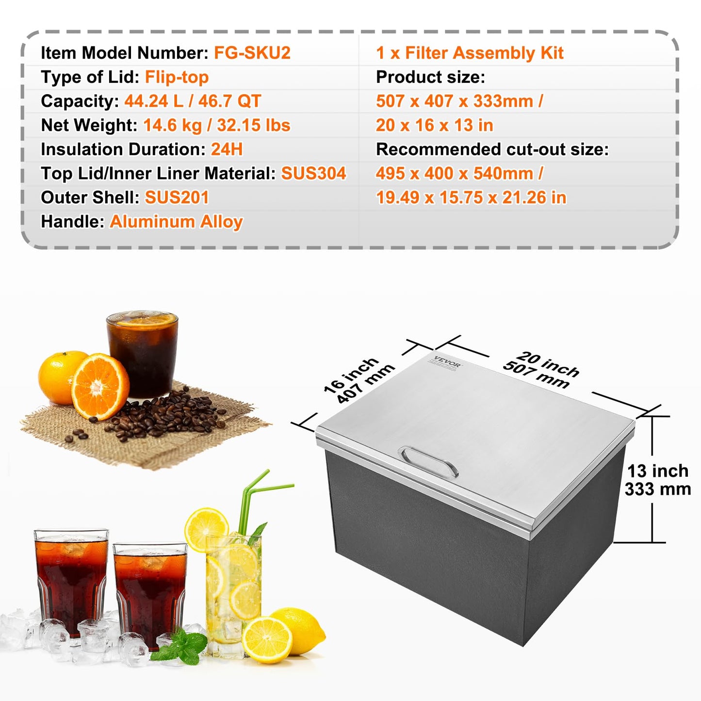 VEVOR Drop in Ice Chest, 20" L x 16" W x 13" H Stainless Steel Ice Cooler, Commercial Ice Bin with Hinged Cover, 40 qt Outdoor Kitchen Ice Bar, Drain-Pipe and Drain Plug Included, for Cold Wine Beer
