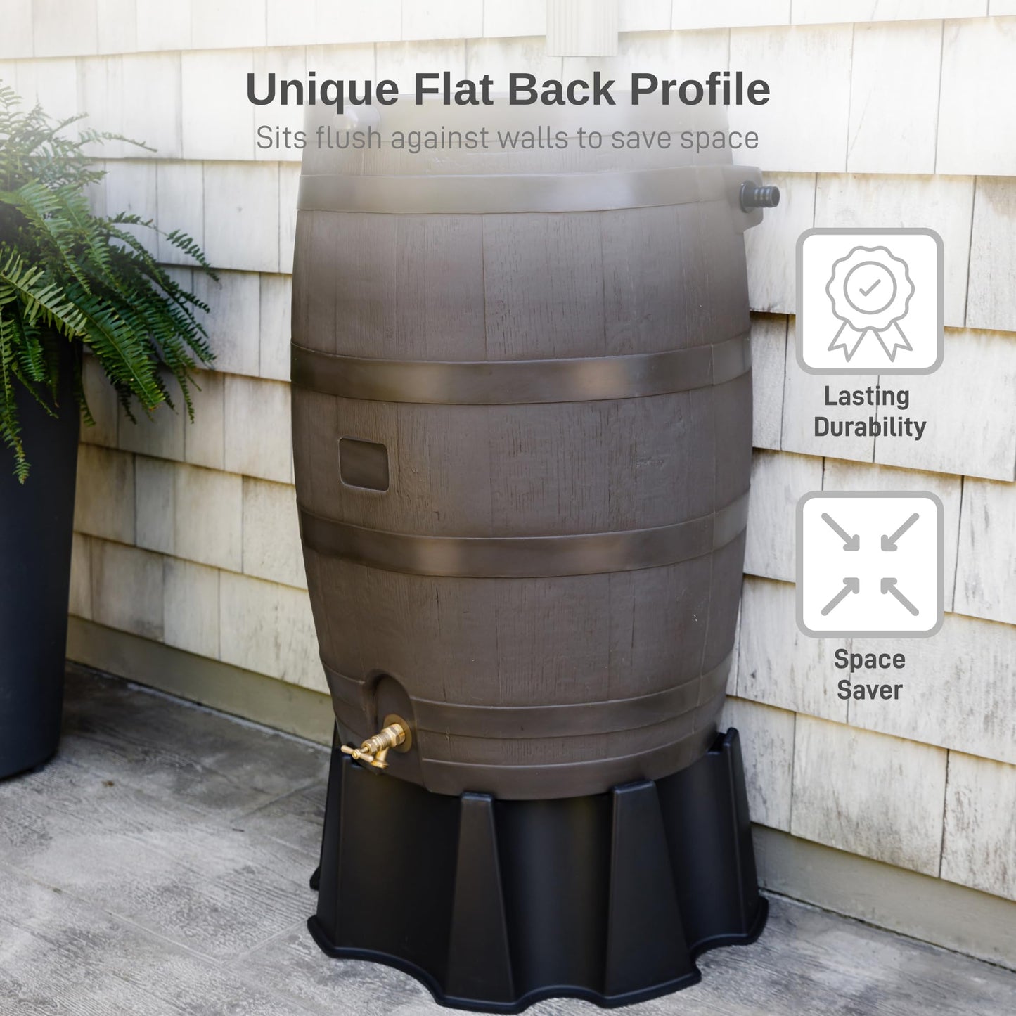 RTS Home Accents 50-Gallon Rain Barrel with Brass Spigot, Flat Back Rain Water Collection Barrel, Walnut Color
