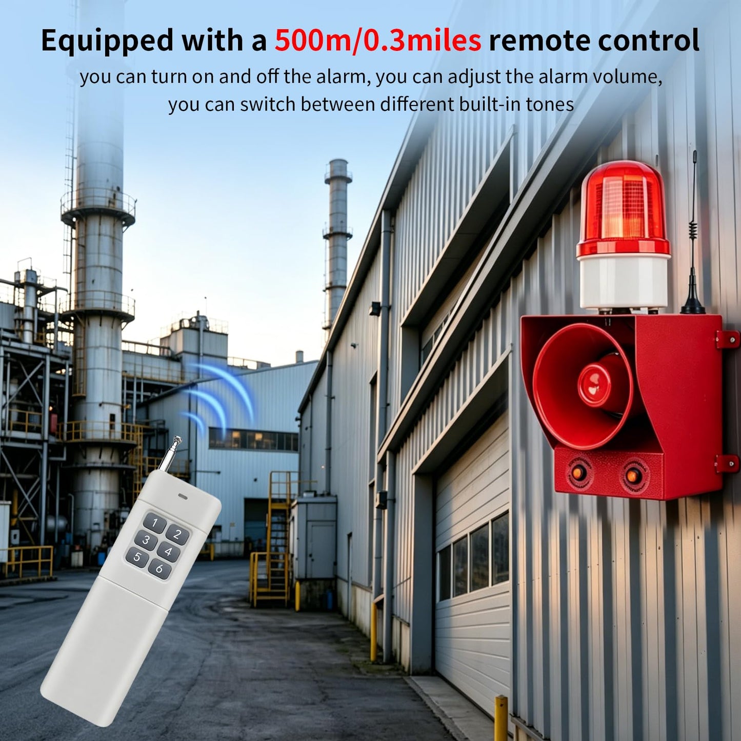 Y DIANS S 0.31mile Wireless Remote Control Siren Adjustable Volume Tone Waterproof 130dB Horn Security Alarm Systerm with LED Strobe Light AC110-120V