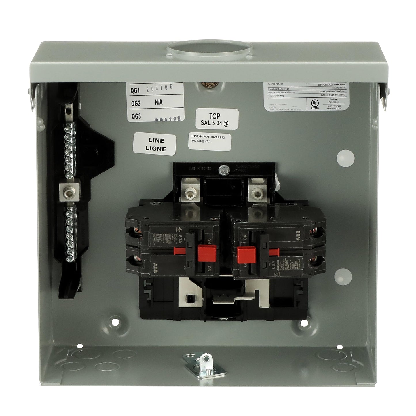 ABB TMQ860RCUGEN 60A Dual Main Breaker Generator Panel • 8-Space, Copper Bus • 1-Phase, 120/240V AC, 22 kAIC Interrupt • Outdoor NEMA 3R Surface Mount • Manual Transfer Switch • 1 Phase, 3 Wire