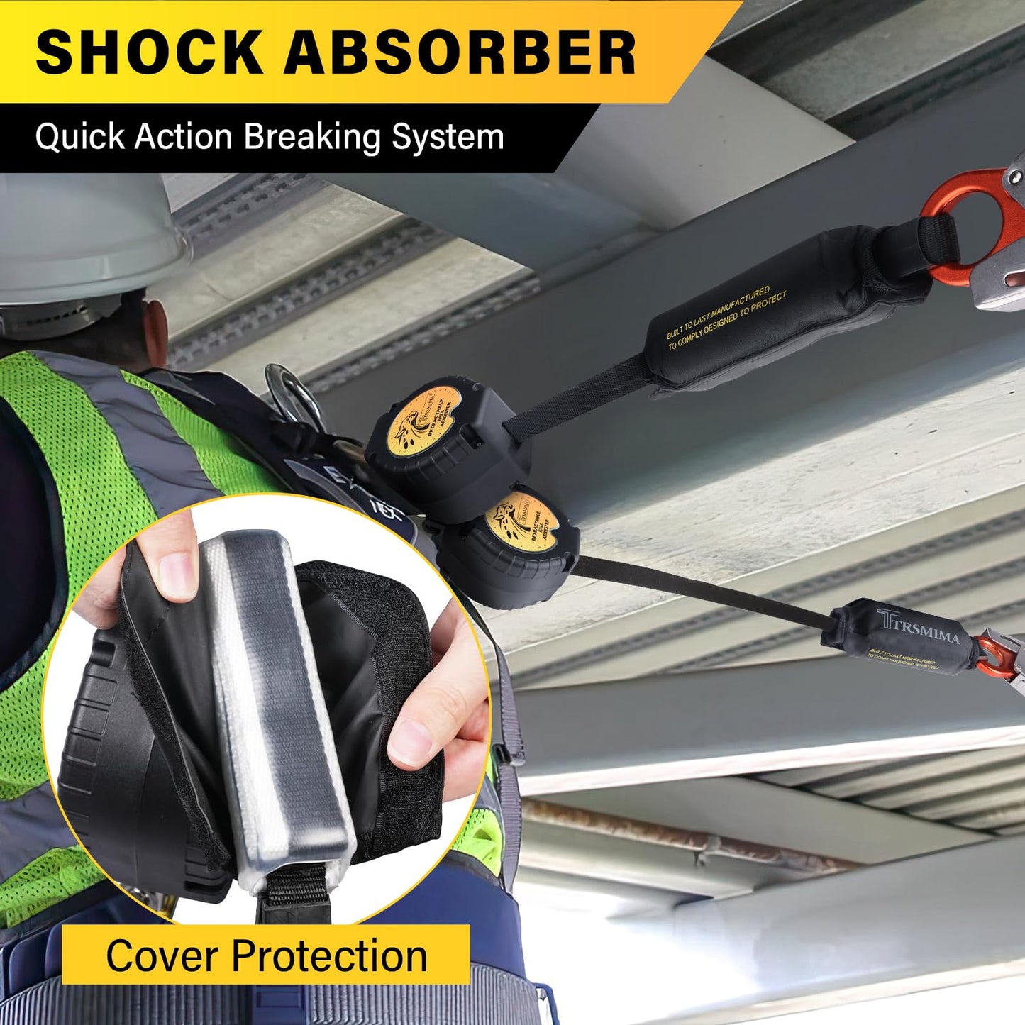 TRSMIMA Fall Protection Retractable Lanyard - 6FT Twin Leg Self Retracting Lanyard Tangle-Free Webbing Shock Absorber Dual Aluminum Rebar Hook Aluminum Carabiner ANSI