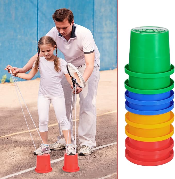 Hungdao 12 Pairs Balancing Stilts for Kids Walking Bucket Stilts Plastic Walking Toy with Adjustable Rope for Preschool Playground Indoor Outdoor Obstacle Course Games, 4 Colors