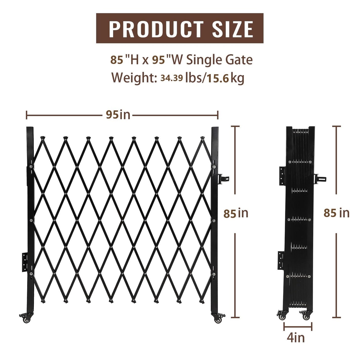 SierraSquad Single Folding Security Gate 85" H x 95" W, Steel Expandable Fence with 360° Rolling Wheels for Courtyard, Garage, and Garden Access Control