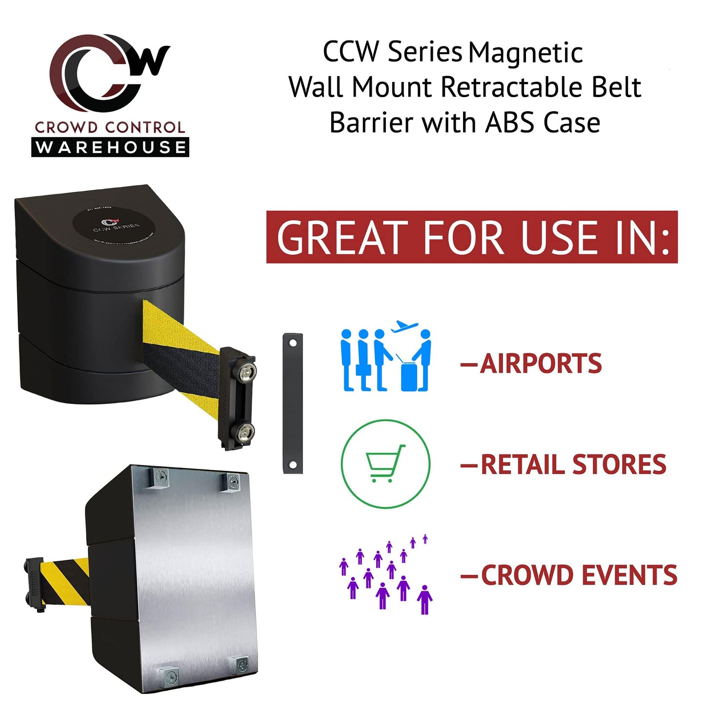 Crowd Control Warehouse - CCW Series WMB-220 Magnetic Wall Mount Retractable Belt Barrier - 15 Foot, Dark Blue Belt with Black ABS Case