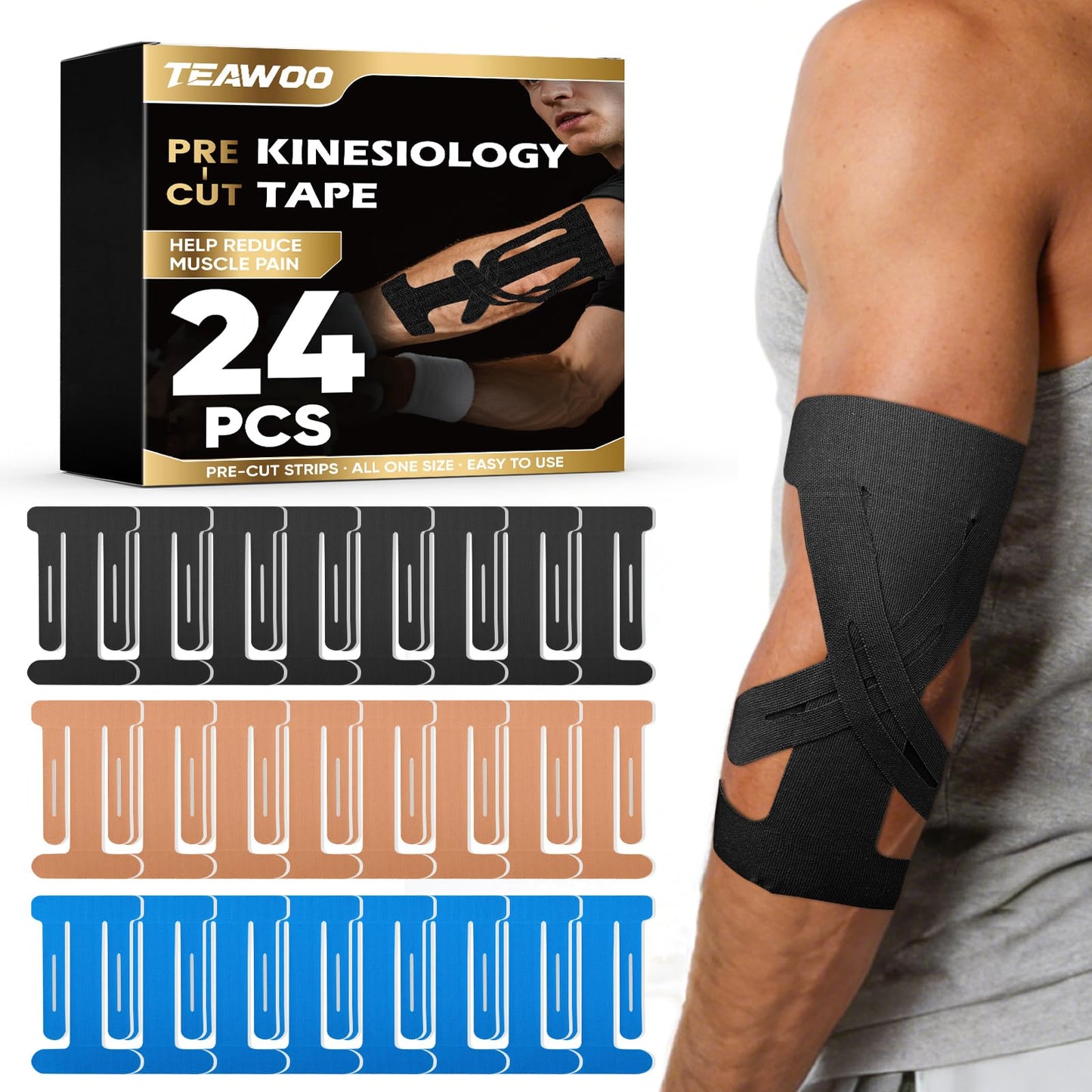 TEAWOO Precut Kinesiology Tape for Elbow, 24Pcs, Waterproof Breathable Athletic Tape, Enhanced Adhesion & Elasticity, Elbow Pain Relief Support for Sports & Daily Use