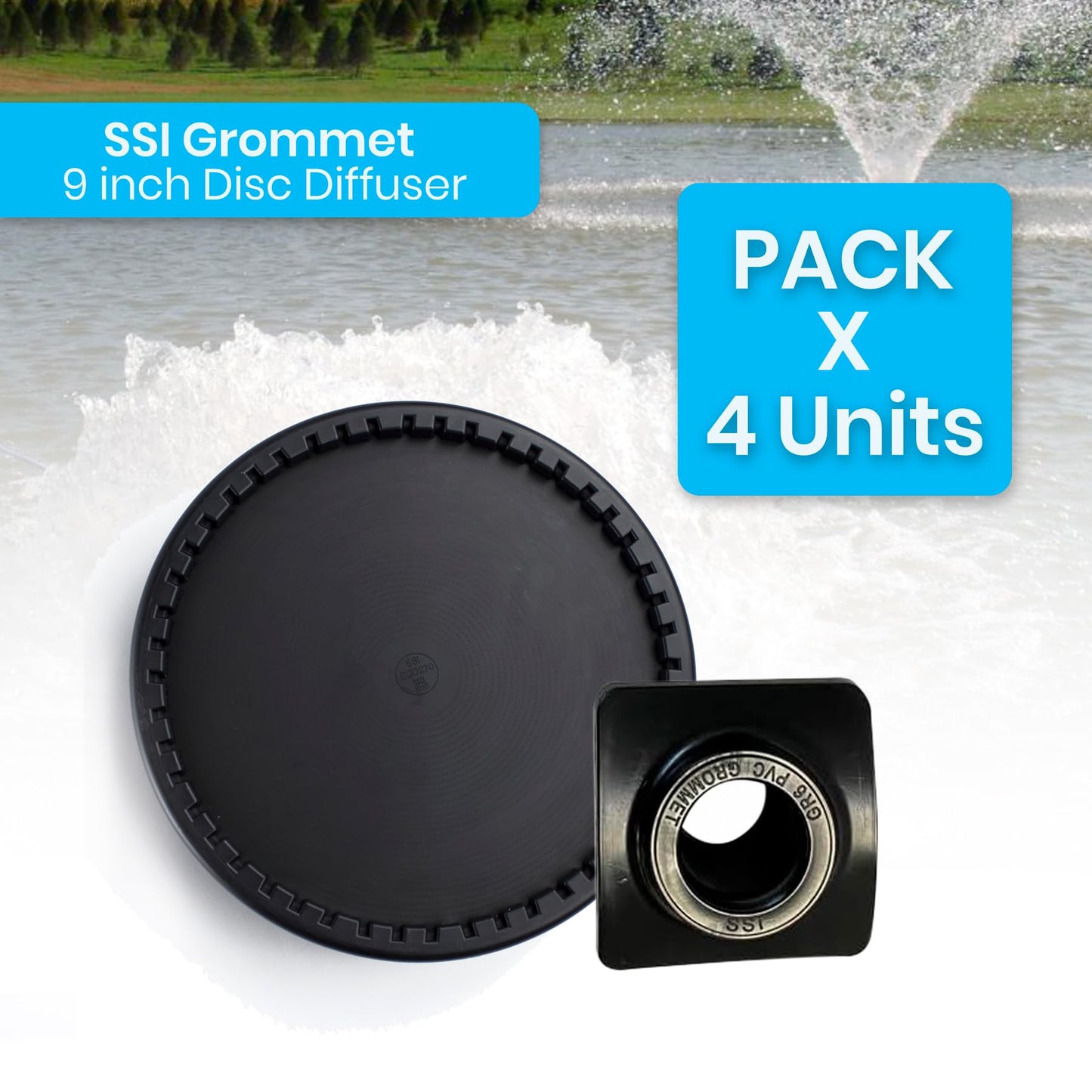 Thunder Parts ECD270-E | 4 Units - 9” EPDM Fine Bubble Disc Diffuser with Connector (Groomet)- Aerators for Ponds, Aquarium or Water Treatment | SSI Aeration Original (ECD270 + GR6 4Pack)