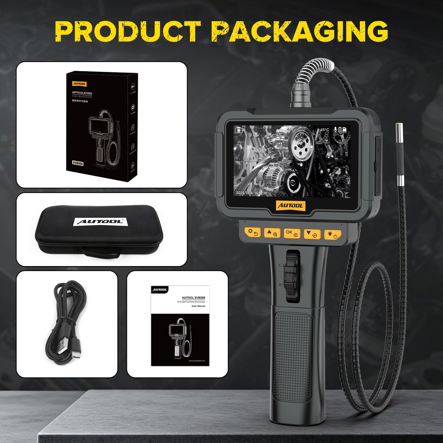 AUTOOL SVB208 Articulating Video Borescope, Endoscope Camera with Light,6.25mm Ultra-Thin Probe,4.3" LCD with 8X Zoom Articulated Camera,IP67 Waterproof Snake Camera for Automotive Engine Inspection