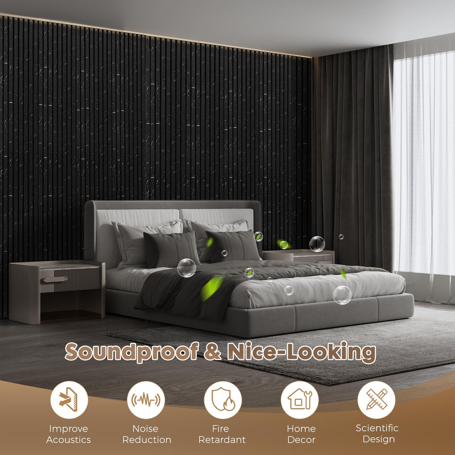 Wood Wall Panels for Interior Wall Decor, 2 Pack 94.5"x12.6"(16.5ft²) Wood Slat Acoustic Panels, Soundproof Panels for Noise Cancelling and Decoration, Living Room, Bedroom, Office, Black Marble