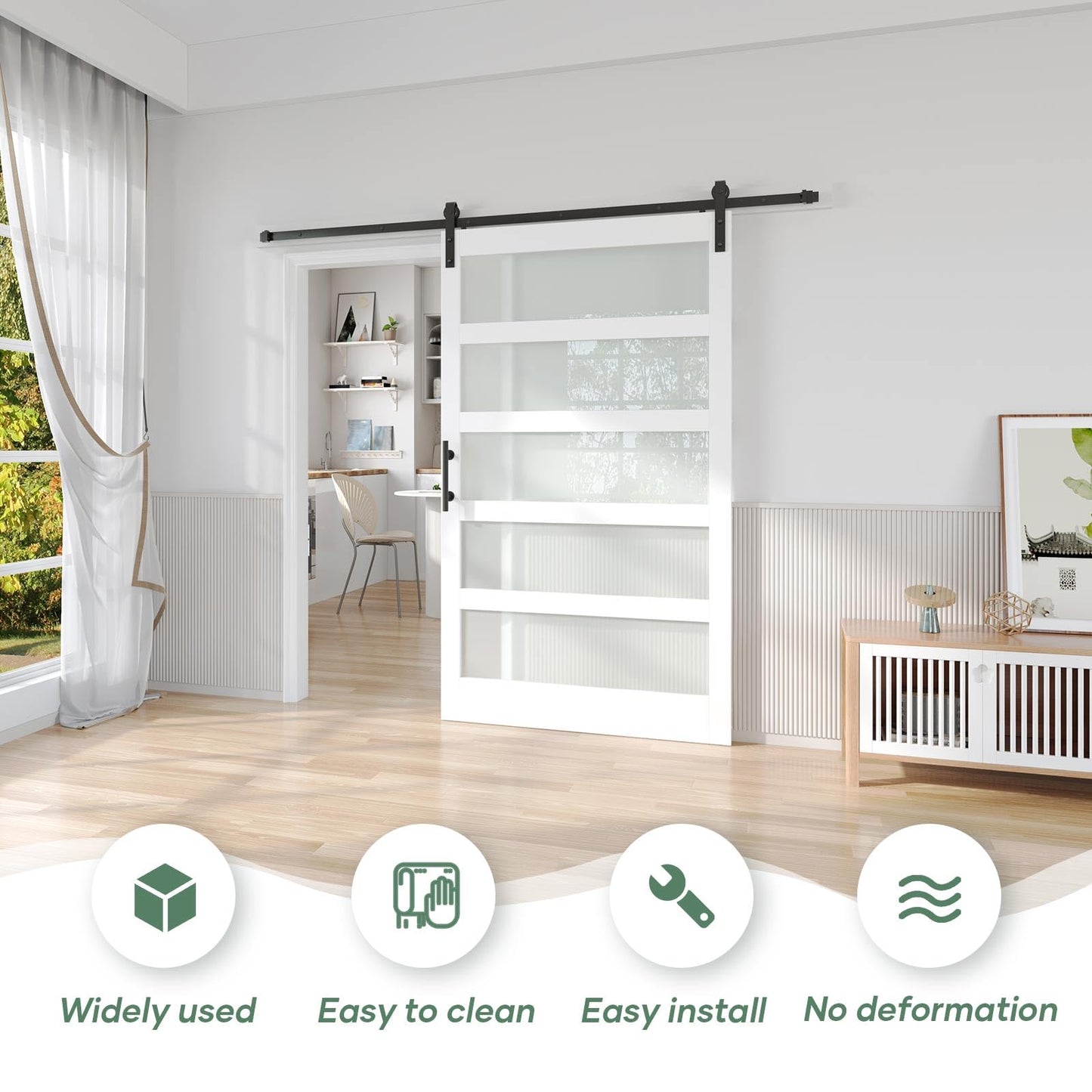 Fredbeck 48in x 84in White Glass Barn Door with 8FT 96inch Sliding Doors Hardware Kit Included & Handle,PVC Surface,Need to Assembly,Water-Proof