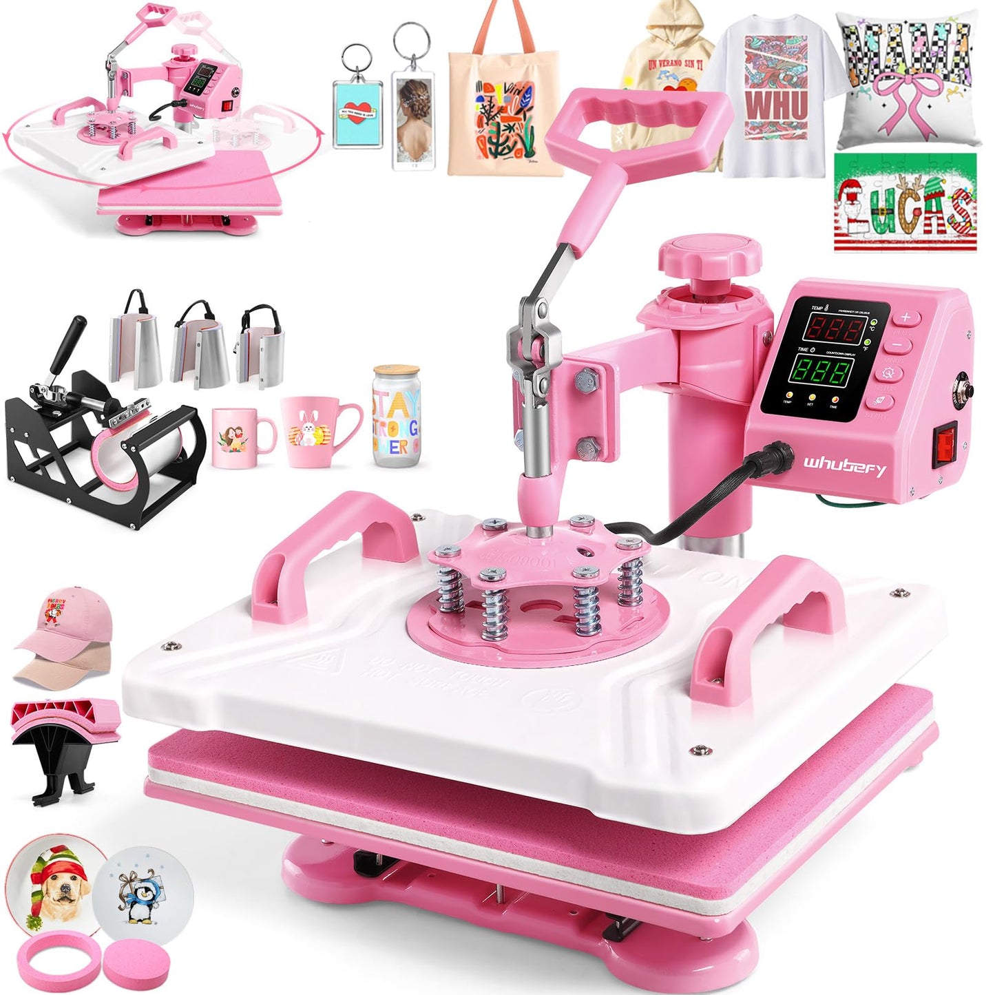 Whubefy Heat Press 12x15 inch 8 in 1 Combo with Tumbler Press, 360° Swing Away Digital Shirt Press Machine, Industrial-Quality Heat Transfer Sublimation for T-Shirt/Tumbler/Mug/Hat/Cap/Plate