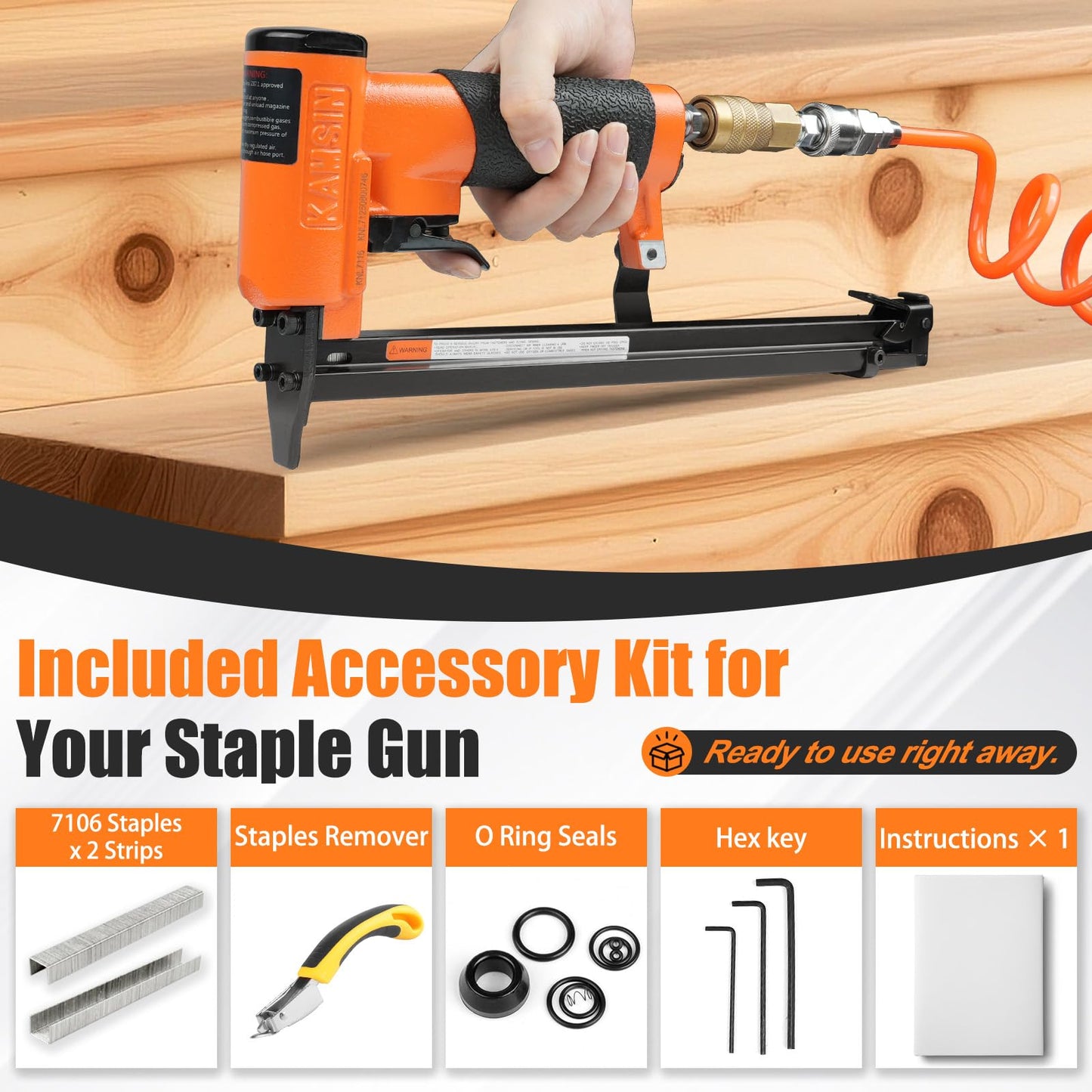 KNL7116 22 Gauge Extended Long Magazine Pneumatic Upholstery Stapler, 3/8-Inch Crown, 1/4-Inch to 5/8-Inch Leg Length, High Capacity Fine Wire Stapler Gun for Furniture and Fabric Attachment