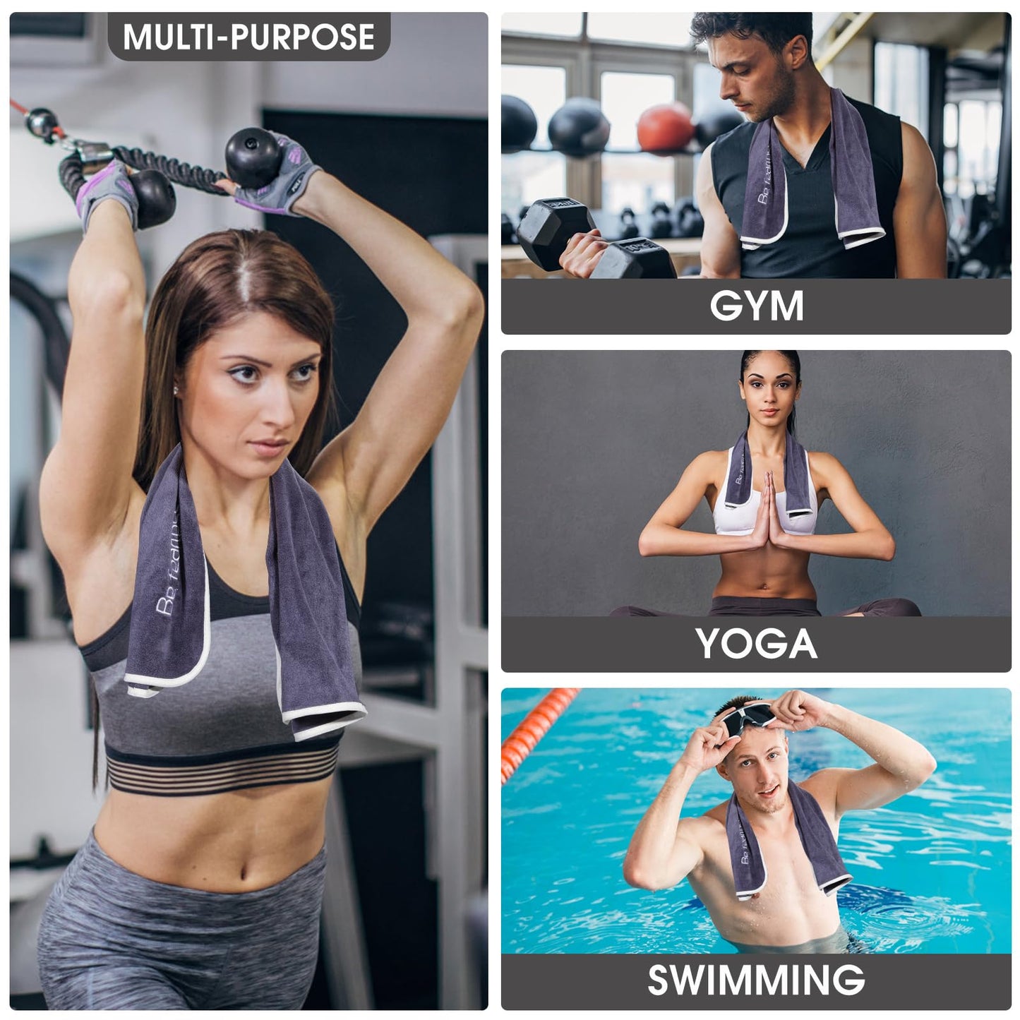 Xoofewal Microfiber Gym Towel Set for Men Women, Super Soft and Quick-Drying Towels for Fitness, Yoga, Cycling, Swimming (Blue+Grey+Purple, 3 Pack)