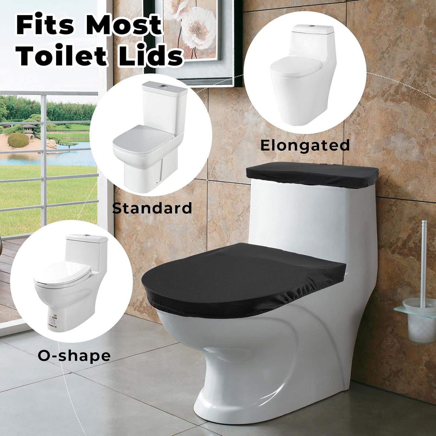 Skiennix Toilet Lid Cover Set - Soft Stretch Black Toilet Seat & Tank Covers for Universal Fit